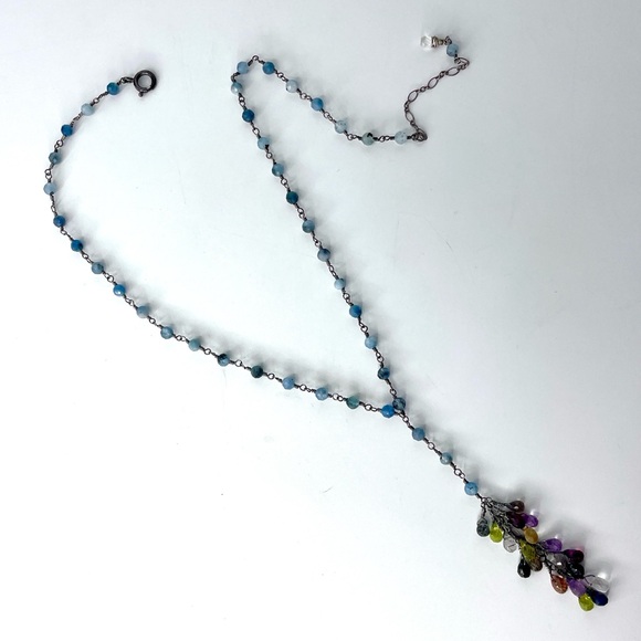 Aquamarine Y Necklace, Oxidized Sterling Silver Wire Wrapped Necklace - Picture 5 of 5